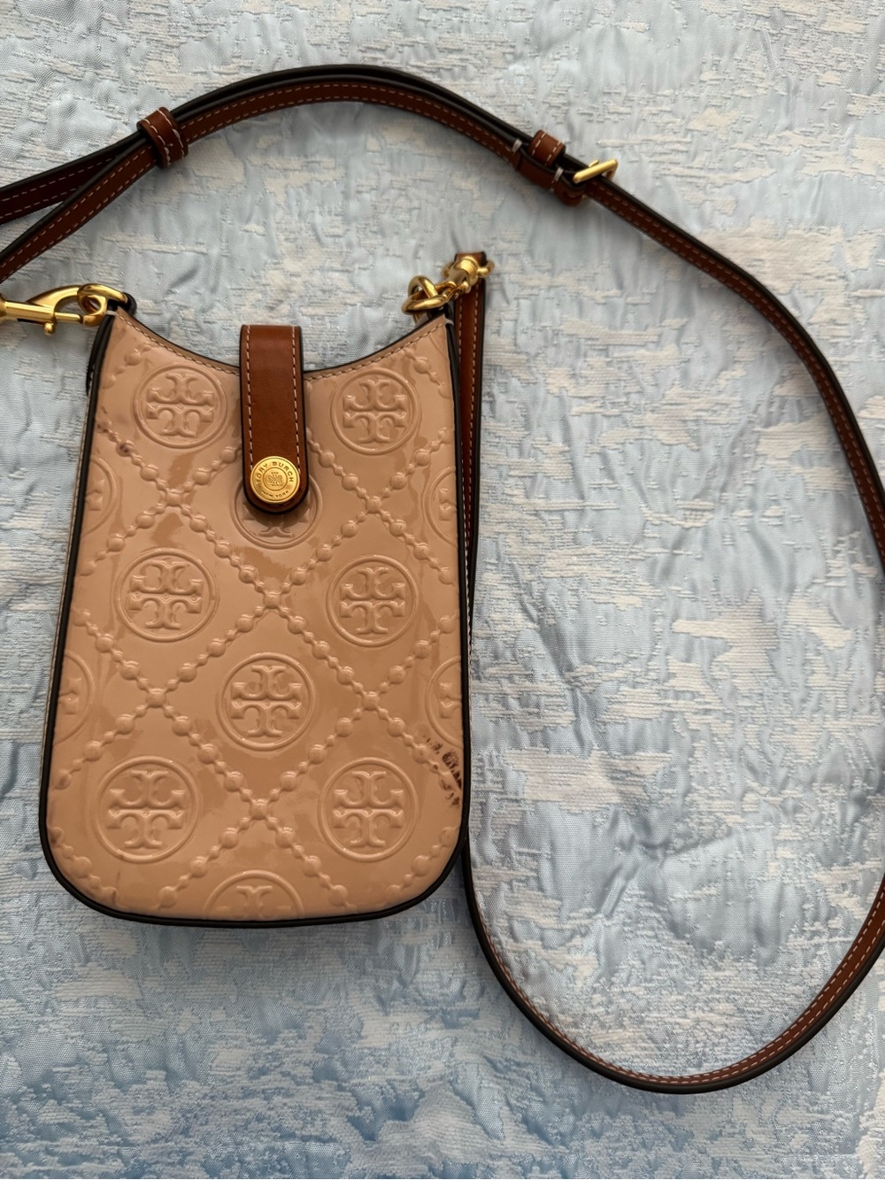Tory Burch Blush Embossed Leather Crossbody with Brown Strap